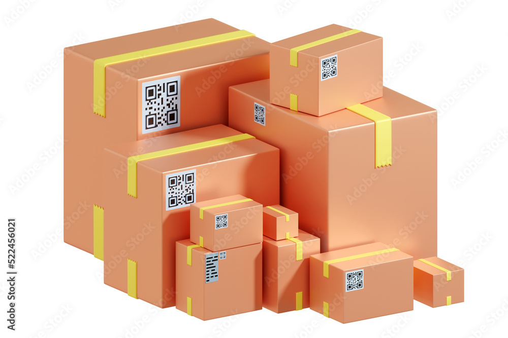 Boxes various sizes. Several boxes with informational stickers. Postal parcels. Several parcels with adhesive tape. Cardboxes destined for delivery. Cartoon style. Boxes isolated on white. 3d image.