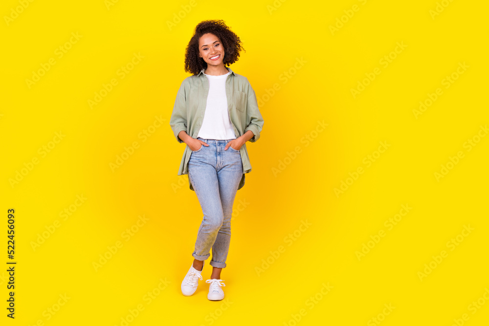 Leinwandbild Motiv - deagreez : Full body photo of lovely nice lady marketer standing with smiling expression isolated shine color background
