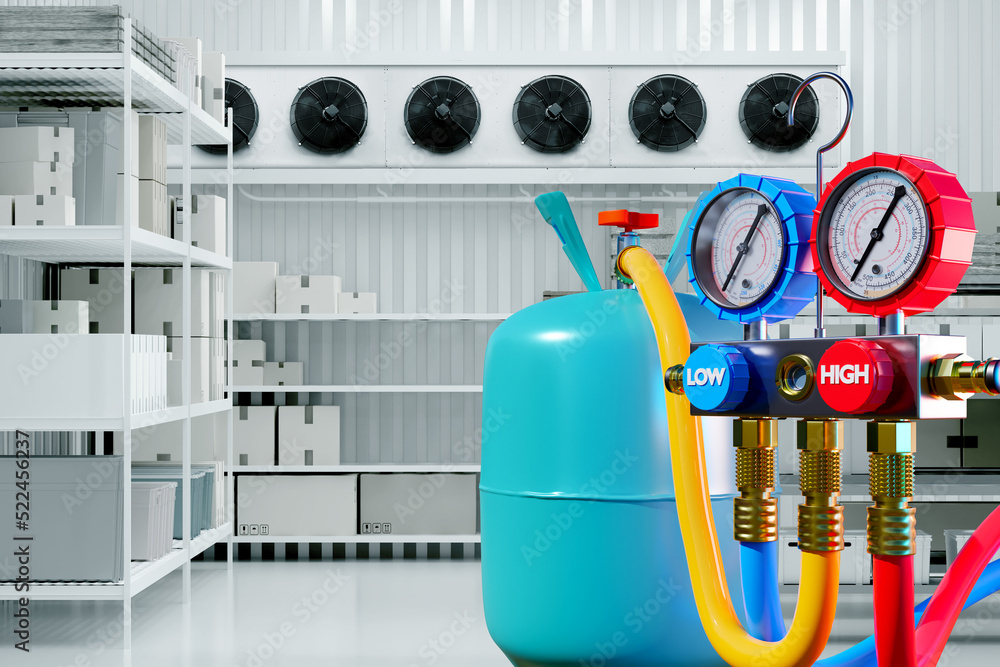 Refrigeration equipment. Industrial refrigeration. Gas cylinder with