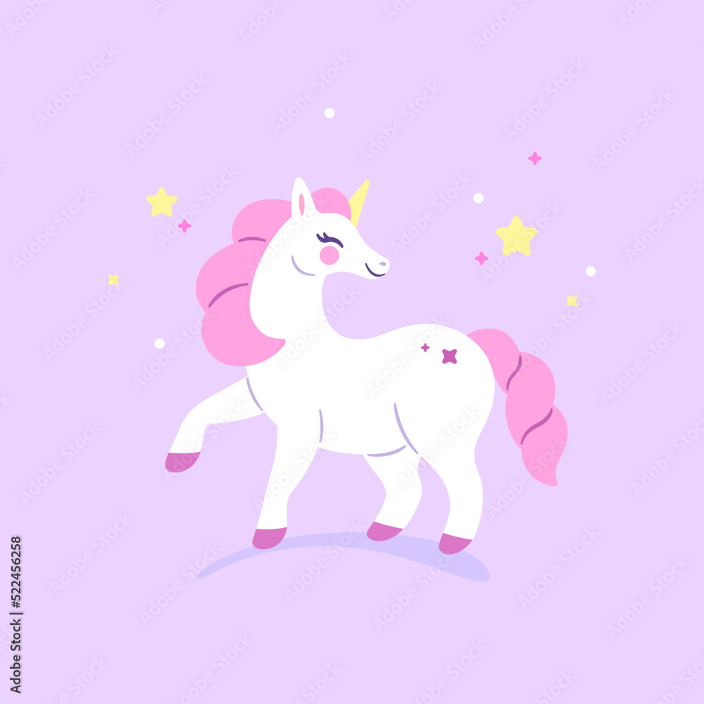 Fototapeta premium Cartoon unicorn with design element. Stylized vector illustration for prints, clothing, packaging and postcards.