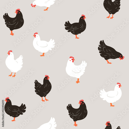 Seamless trendy pattern with chicken. Outline vector illustration for prints, clothing, packaging and postcards.