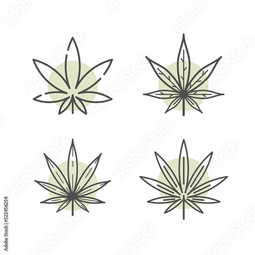 Geometric emblem of cannabis. Set of 4 geometric shape. Modern linear design sign. Modern abstract linear shape and trendy decor elements.