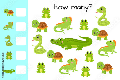 Counting game, count green animals and write result. Kids educational logic game. Educational printable math worksheet. Vector illustration isolated on white background.