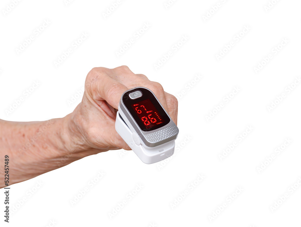 Measurement of blood oxygen and pulse with Pulse oximeter on index finger of elderly hand on transparent background, Png file Measurement of blood oxygen and pulse with Pulse oximeter on index finger of elderly hand on transparent background, Png file