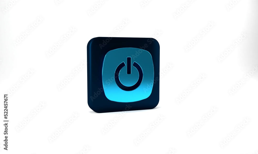 Blue Power button icon isolated on grey background. Start sign. Blue square button. 3d illustration 3D render Blue Power button icon isolated on grey background. Start sign. Blue square button. 3d illustration 3D render