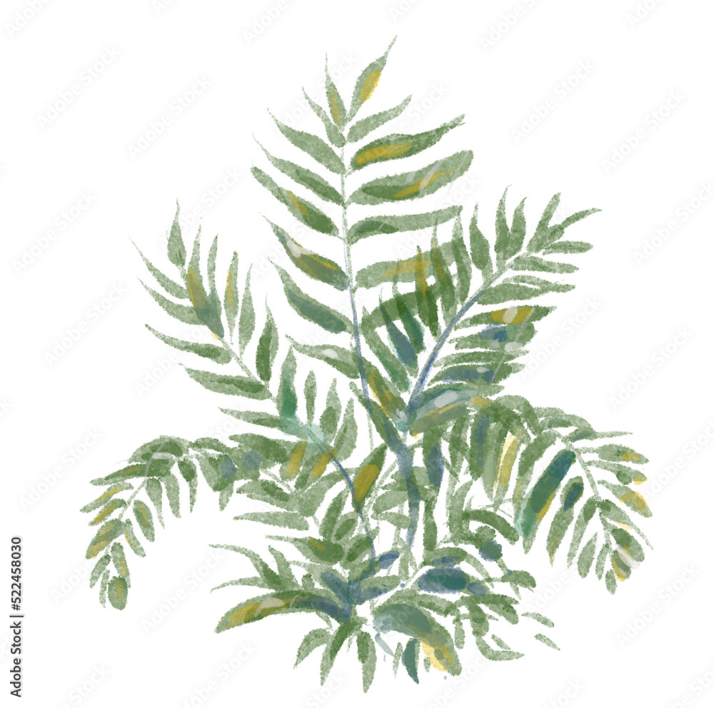 Fototapeta premium Green lush small palm leaves watercolor hand painting illustration