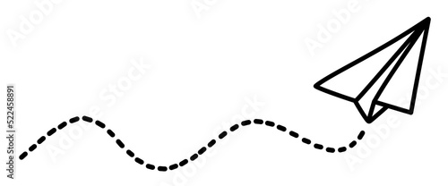 Flying origami paper Airplane route dotted lines.