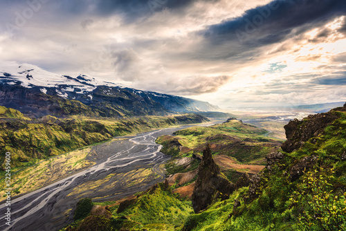 Valahnukur viewpoint hiking trail with mountain valley and krossa river in icelandic highlands at Thorsmork, Iceland