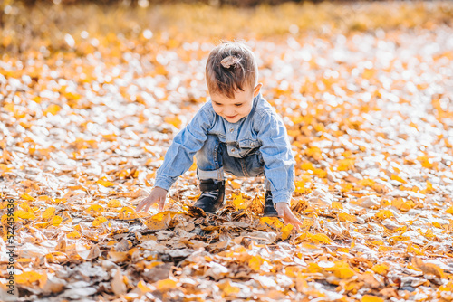 Happy boy playing with autumn yellow leaves outdoors in the Park