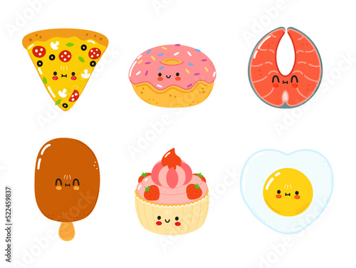Funny happy fast food characters set. Vector hand drawn cartoon kawaii character illustration. Isolated white background. Cute pizza, donut, red fish, salmon, ice cream, cream, cake, fried egg
