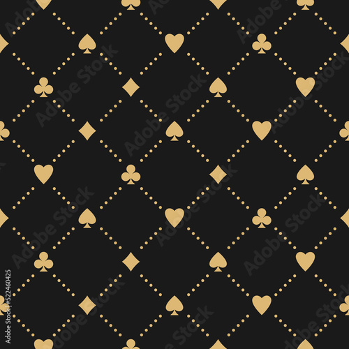 Golden seamless pattern with card suits - hearts, clubs, spades and diamonds. Casino gambling, poker wallpaper. Alice in wonderland ornament on black background