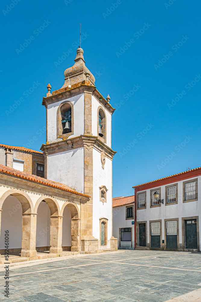 Misericórdia Chapel has a baroque façade covered with tiles. Sao Joao de Pesqueira, Douro Valley, Portugal.