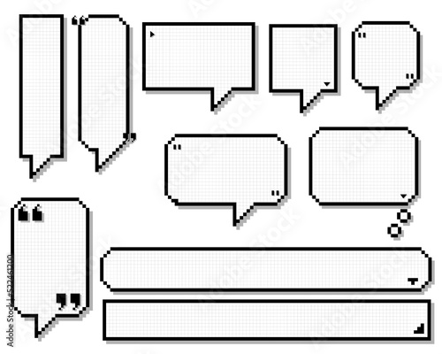 collection set of retro game 8 bit line pixel speech bubble balloon black and white color with shadow, flat design vector illustration