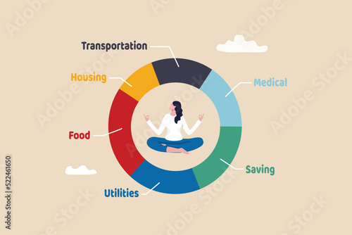 Personal finance, budget and expense management, accounting or spending categories, saving and investment concept, calm woman meditate at the center of expense and spending pie chart.