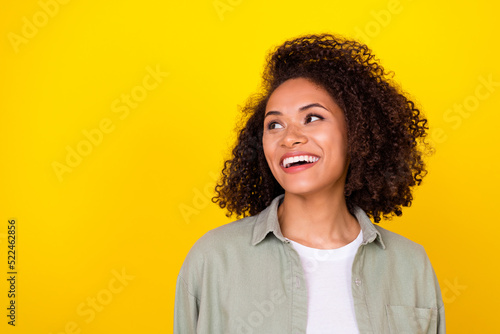 Photo of positive excited lady worker look empty space smiling toothy dentist advertising isolated shine color background