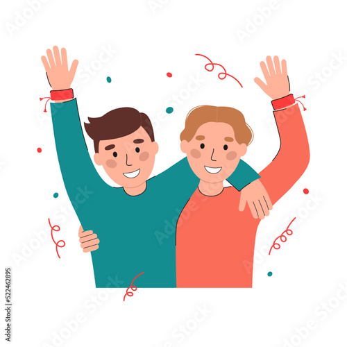 Two happy boys in friendship bracelets vector flat illustration. International Friendship Day banner design. Smiling people and confetti isolated on white background. DIY wristband for friends