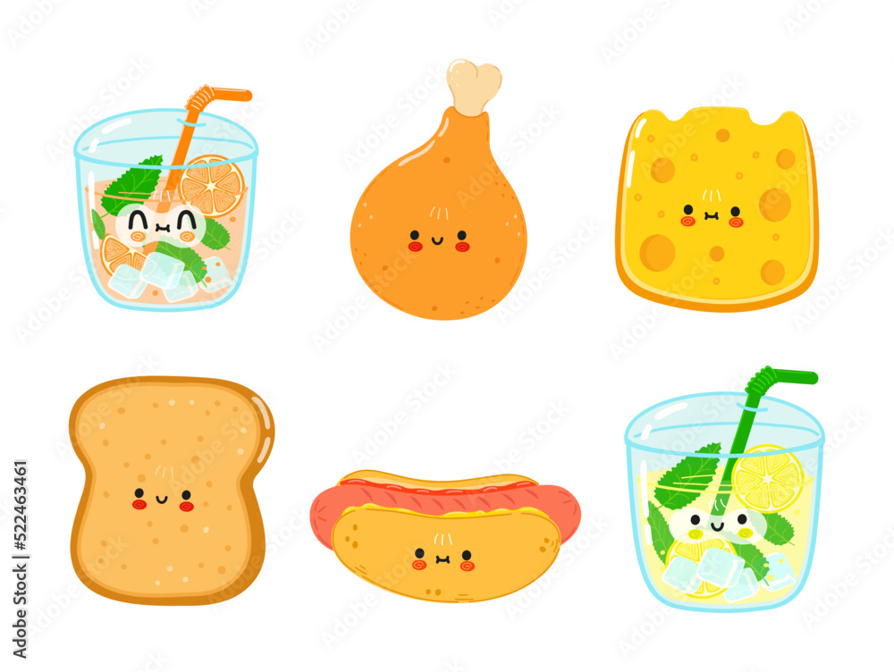 Funny happy fast food characters set. Vector hand drawn cartoon kawaii character illustration. Isolated white background. Cute lemonade, chickens leg, cheese, toast, bread, hot dog, juice