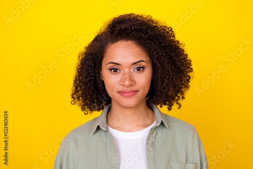 Portrait of successful lady hr looking in camera listen partners isolated vibrant bright color background