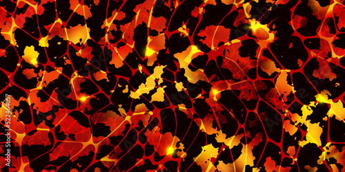 Seamless pattern of volcanic lava with molten stones texture. Hot magma surface top view. Broken ground with liquid fire. Abstract vector background. Cracked earth. Volcano eruption wallpaper