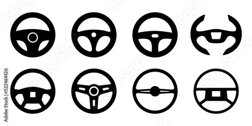 自動車のハンドル、ステアリングホイールの8種類のベクターアイコン白黒素材セット