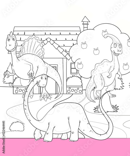 Fototapeta Naklejka Na Ścianę i Meble -  kids color page. Cute cartoon with mountain and Dinosaur coloring pages for boys and girls,