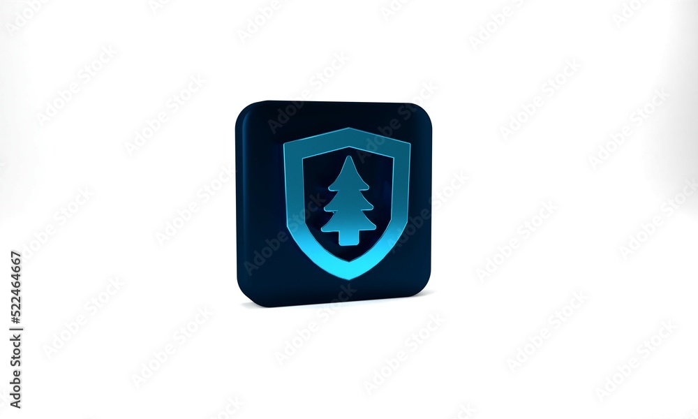 Blue Shield with tree icon isolated on grey background. Eco-friendly security shield with tree. Blue square button. 3d illustration 3D render Blue Shield with tree icon isolated on grey background. Eco-friendly security shield with tree. Blue square button. 3d illustration 3D render