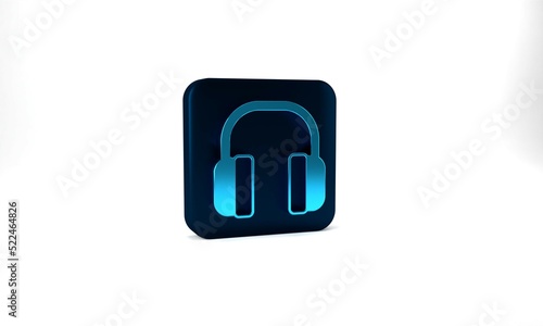 Blue Noise canceling headphones icon isolated on grey background. Headphones for ear protection from noise. Blue square button. 3d illustration 3D render