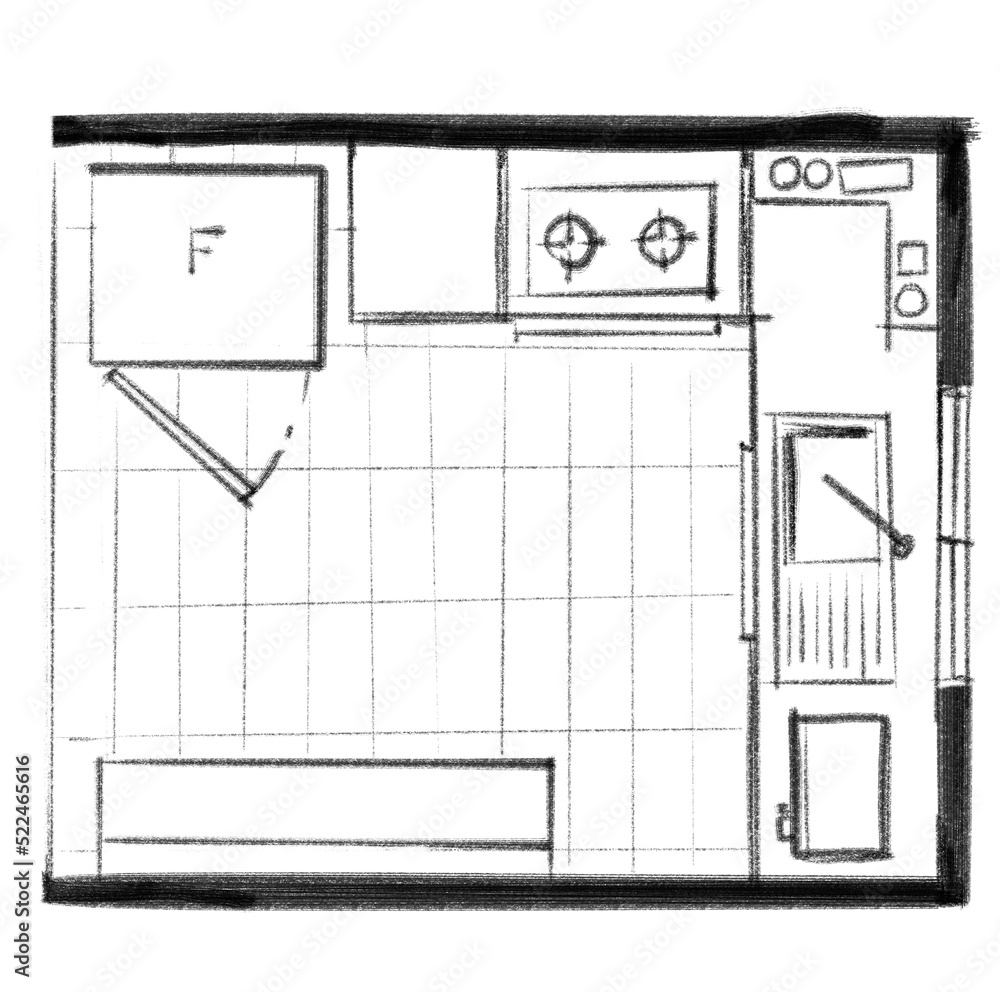 kitchen area house furniture plan top view hand drawn layout
