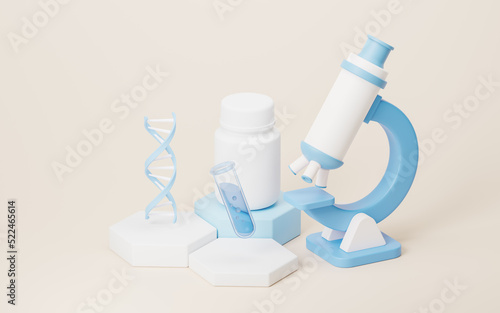 3D cartoon style microscope and biotechnology concept, 3d rendering.