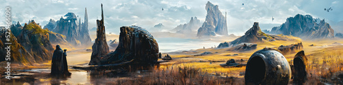Artistic concept painting of a beautiful sci-fi landscape, with a future thing in the background. Tender and dreamy design, background illustration. © 4K_Heaven