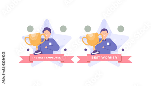 best employee or worker. award, prize, achievement, champion. earn and hold trophies. titles. the best staff of the month. flat cartoon illustration. vector concept design