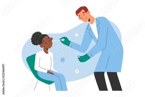 Testing a child for covid, friendly medical doctor taking a cotton swab sample for coronavirus from a little African-American girl, collecting specimen from nose and throat, vector illustration