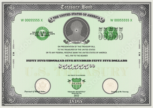 Vector fictional 55,555 dollars US treasury bond. Frame with guilloche grid. Ribbon with the inscription Lincoln. Bill in retro style in nominal of fifty five thousand five hundred and fifty five
