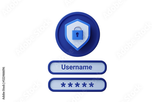 3d lock and password field. Personal data security. Render illustartion on white background