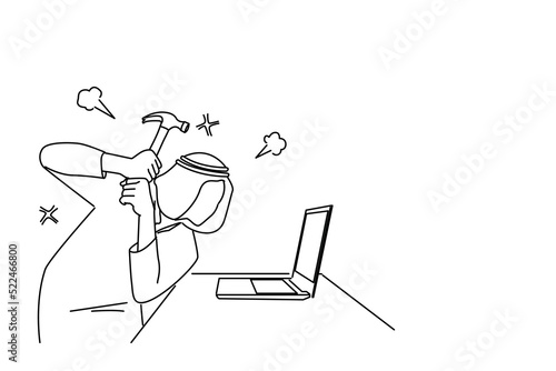Drawing of angry arab young office worker smashing computer screen with hammer. Single continuous line art