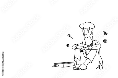 Illustration of sad businessman sitting on path outside office. Stress depression metaphor. One continuous line art style