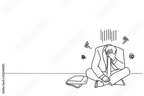 Drawing of disappointed businessman sitting. Extreme tired concept. Single line art style