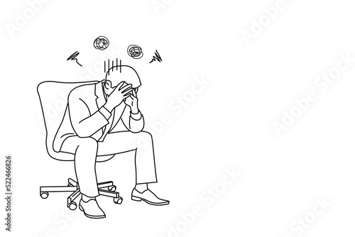 Drawing of young businessman sitting on chair with head down because sad and depressed. Single line art style