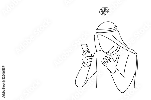 Cartoon of Upset Arab Businessman Depressed Because Lost. Single continuous line art style