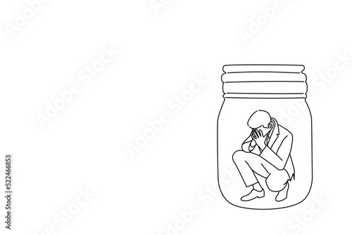 Illustration of businessman trapped into a glass jar. Office life metaphor. One line style art