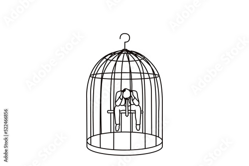Drawing of alone desperate businessman in a bird cage want to resign. Single continuous line art