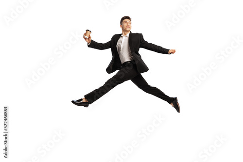Creative portrait of young office worker in business suit in action isolated over white background. Finance, aspiration, business, job concept.