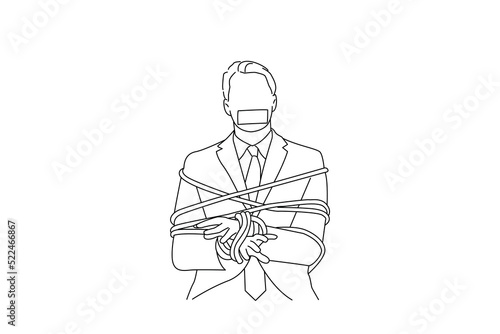Cartoon of businessman taken hostage and tied up with rope. Single continuous line art style