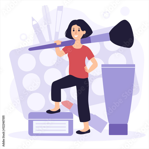 Makeup artist and cosmetics. Tiny female character with makeup brush . Flat design vector illustration