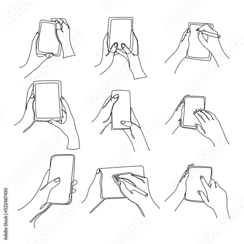 Set Continuous one line drawing of a hand holding a phone or smartphone. Mobile phone, technology, gadget, communication, device, telephone, display, electronic, hand, smartphone, palm Vector