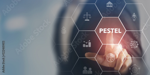 PESTEL analysis concept. Framework to assess political, economic, social, technological, environmental, and legal factors. Strategic planning process for develop innovative product, market initiatives