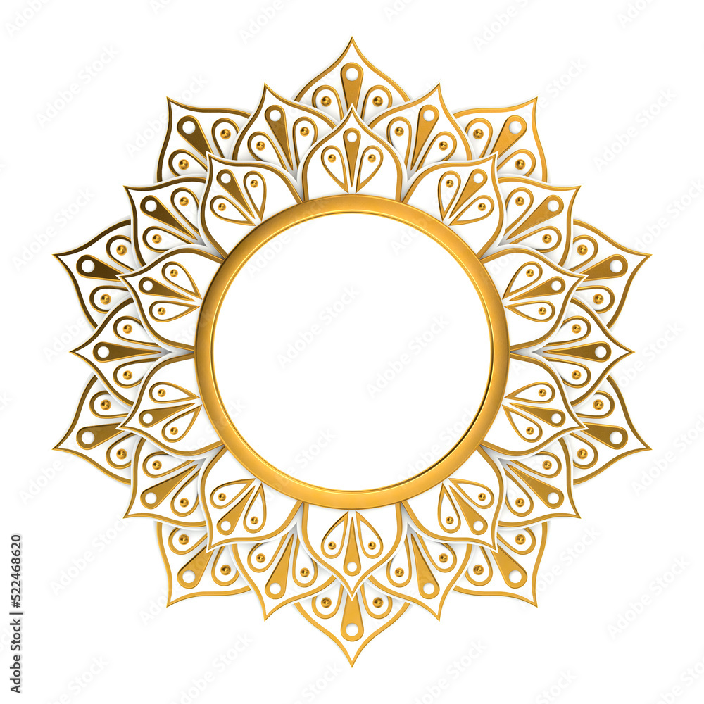 3d render white and gold abstract frame. Golden mandala isolated on white.