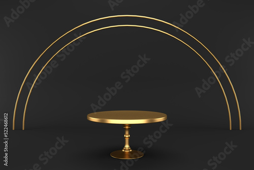 Gold empty cake stand on a black background. 3d rendering. Festive background.