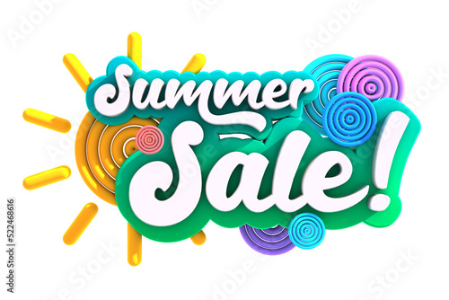 Summer sale banner with cartoon sun. 3d rendering sign isolated on white.