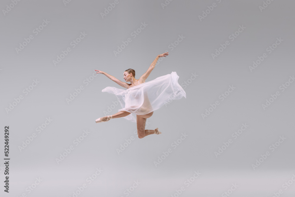 Portrait of young ballerina dancing with transparent fabric isolated over grey studio background. Flying like butterfly Portrait of young ballerina dancing with transparent fabric isolated over grey studio background. Flying like butterfly